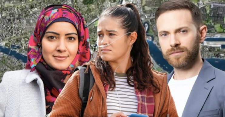Shabnam, Jade and Dean on an EastEnders background