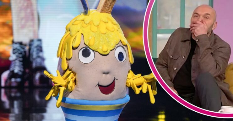 Dippy Egg from The Masked Singer and Simon Rimmer covering his mouth in shock