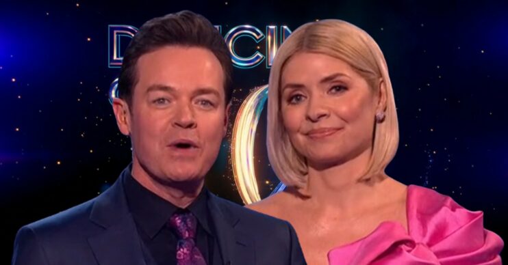 Stephen Mulhern and Holly Willoughby in front of Dancing On Ice logo