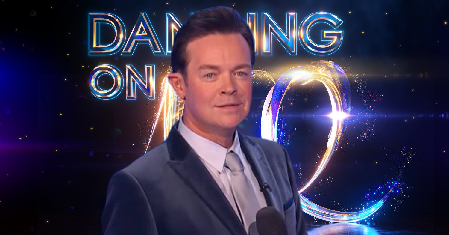 Stephen Mulhern in front of Dancing On Ice logo