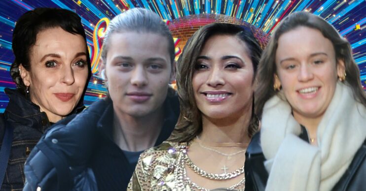 Four of the cast of Strictly Come Dancing against the show logo backdrop