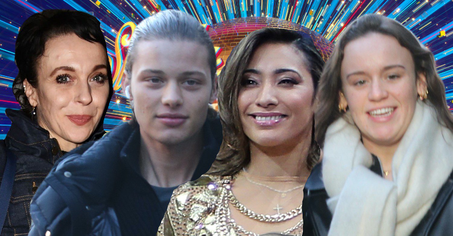 Four of the cast of Strictly Come Dancing against the show logo backdrop