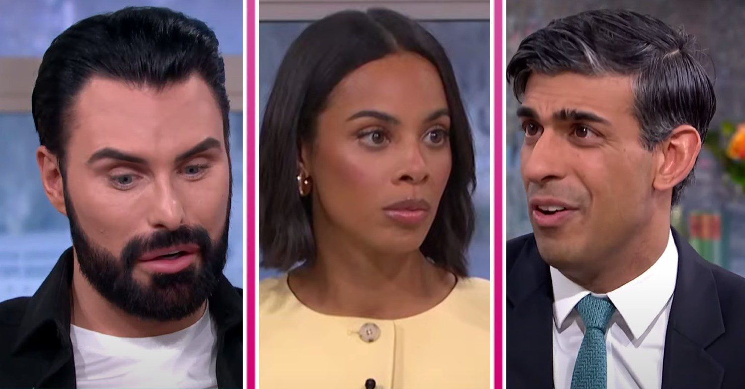 Rylan looks down, Rochelle Humes looks expressionless, Rishi Sunak speaks on This Morning today