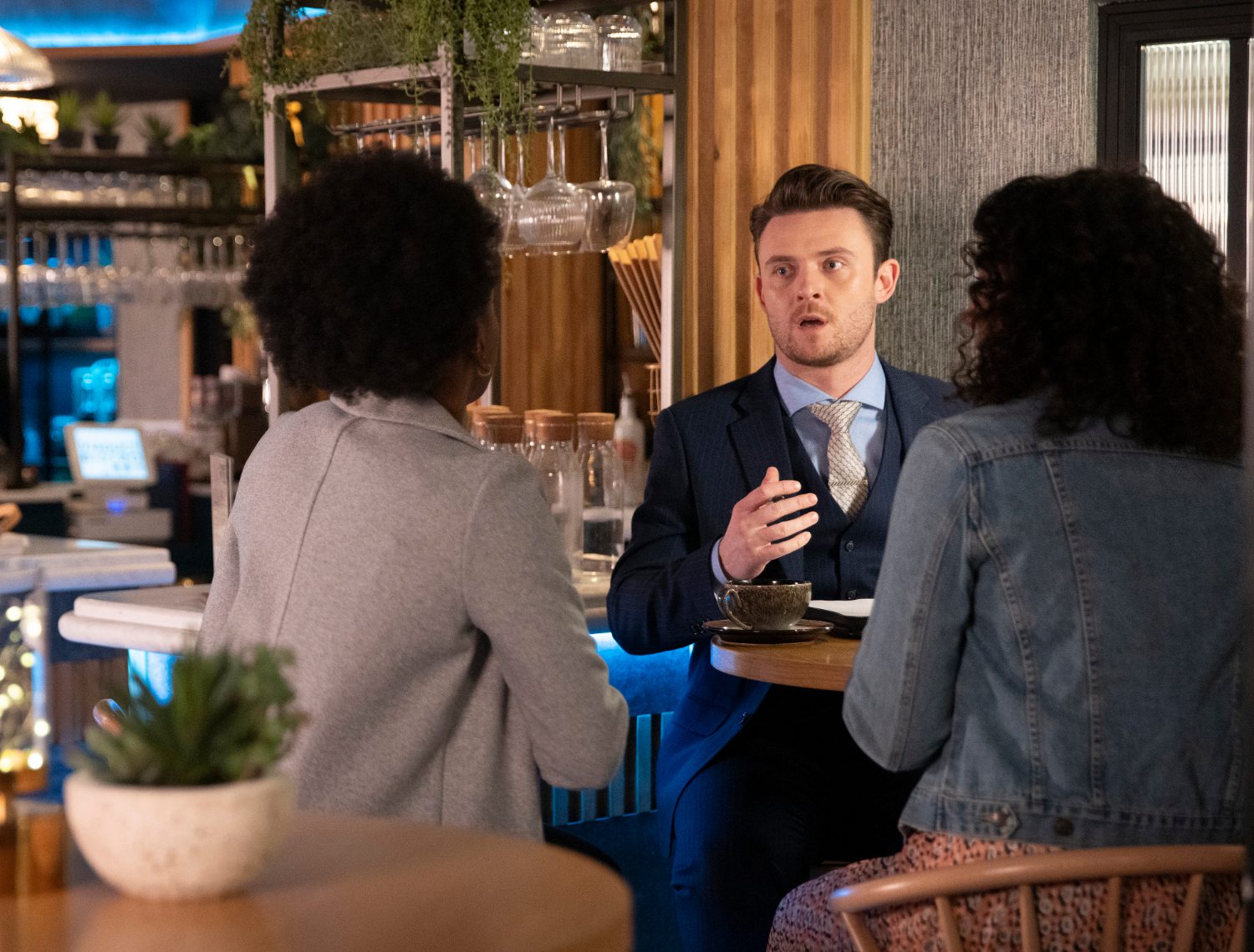 Joel in Coronation Street - which is not on tonight - looks shocked when a woman arrives at the bistro