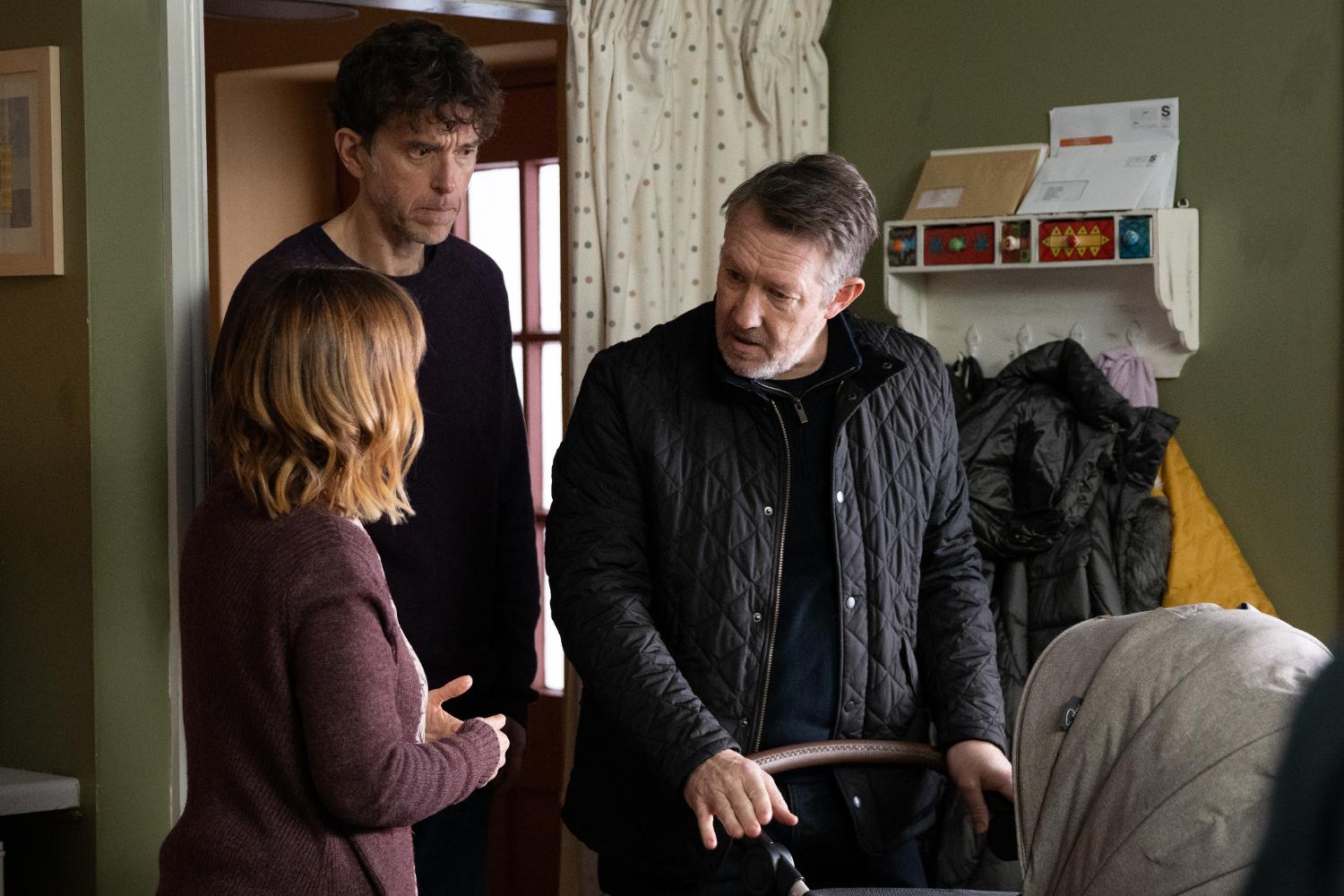 Emmerdale's Rhona and Marlon and speaking to Gus with concern