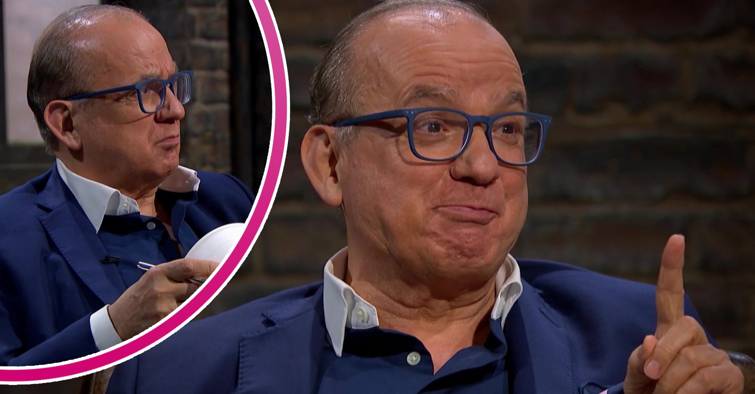 Touker Suleyman with his index finger up on Dragons' Den, with inset a confused Touker Suleyman