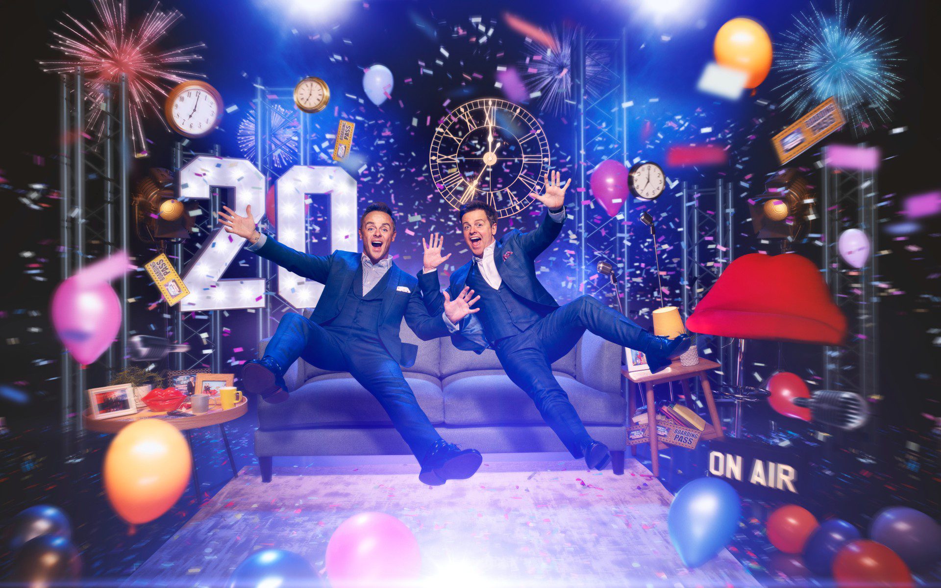 Saturday Night Takeover season 20 presenters Ant and Dec mid-jump celebrating 20 seasons of the show with balloons and confetti
