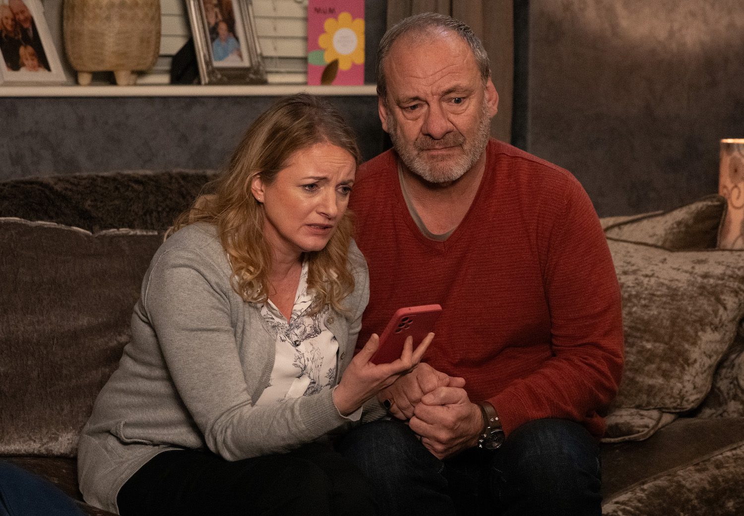 Nicola and Jimmy in Emmerdale cry as they talk to Angel on the phone