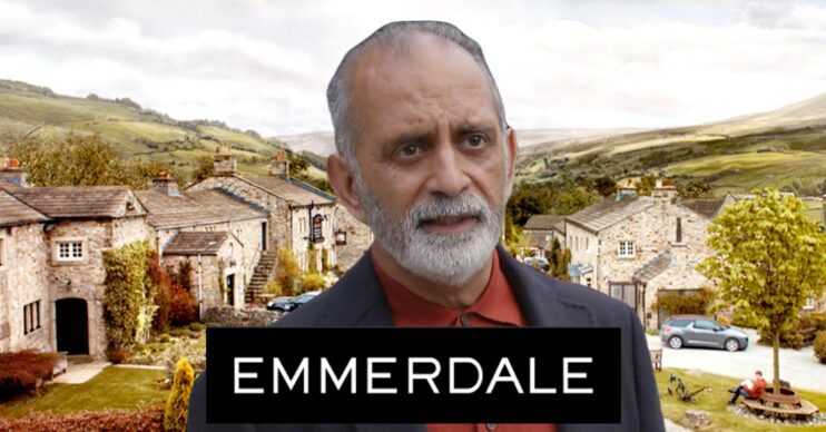 Amit on Emmerdale against soap background and logo (Credit: ITV/Composite: ED!)