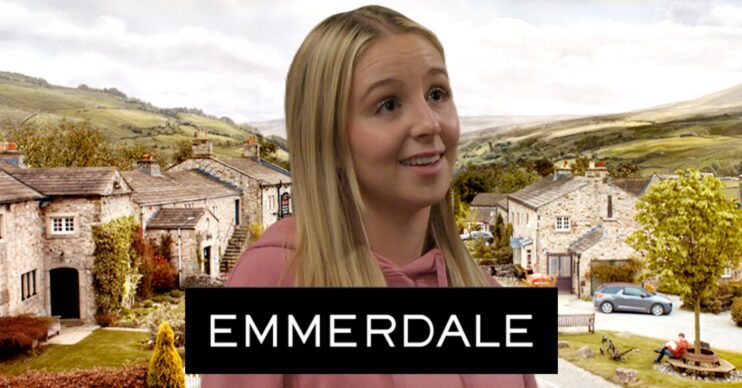 Belle smiling against Emmerdale background and logo (Credit: ITV/Composite: ED!)