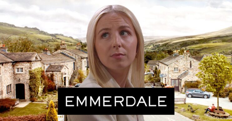Belle on Emmerdale against show background and logo (Credit: ITV/Composite: ED!)