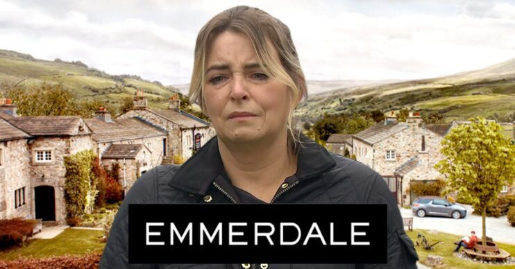 Charity looks upset on Emmerdale against village background and soap logo (Credit: ITV/Composite: ED!)
