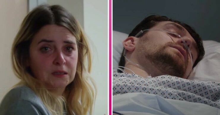 Composite image of Mack and Charity on Emmerdale; she's upset, he's unconscious (Credit: ITV/Composite: ED!)