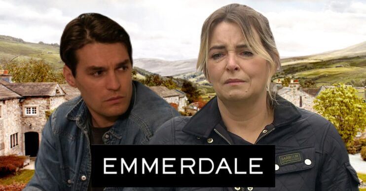 Charity looks upset on Emmerdale; behind her, Mack looking worried (Credit: ITV/Composite: ED!)