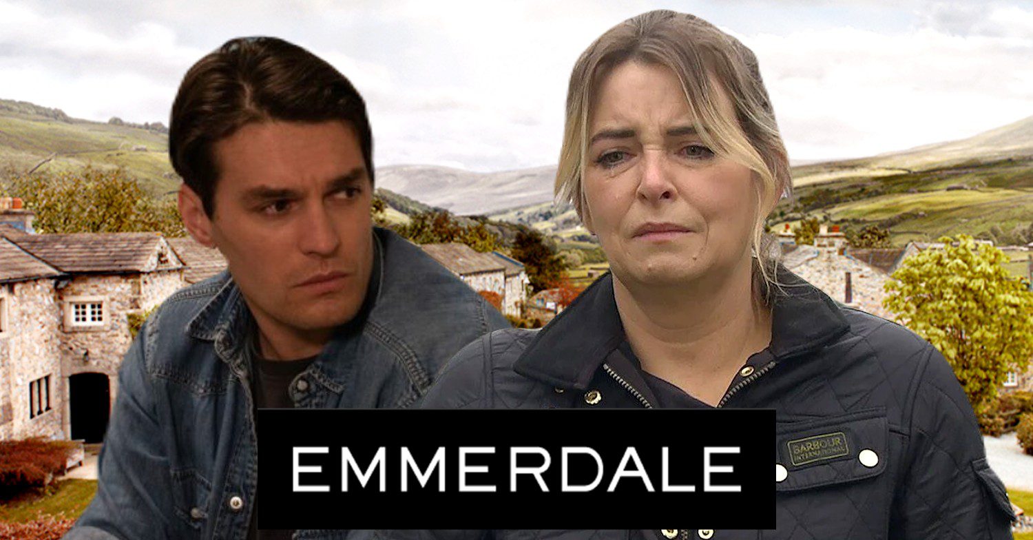 Charity looks upset on Emmerdale; behind her, Mack looking worried (Credit: ITV/Composite: ED!)