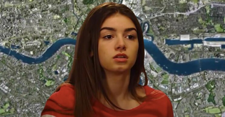 Cindy Jnr on a background of the EastEnders logo