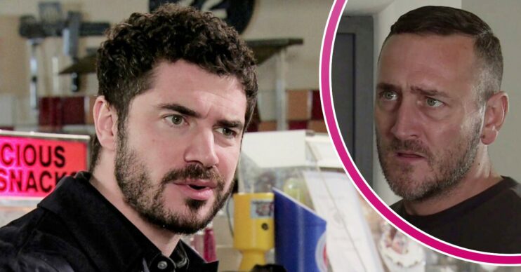 Adam looks worried on Corrie; inset, Harvey looking menacing (Credit: ITV/Composite: ED!)