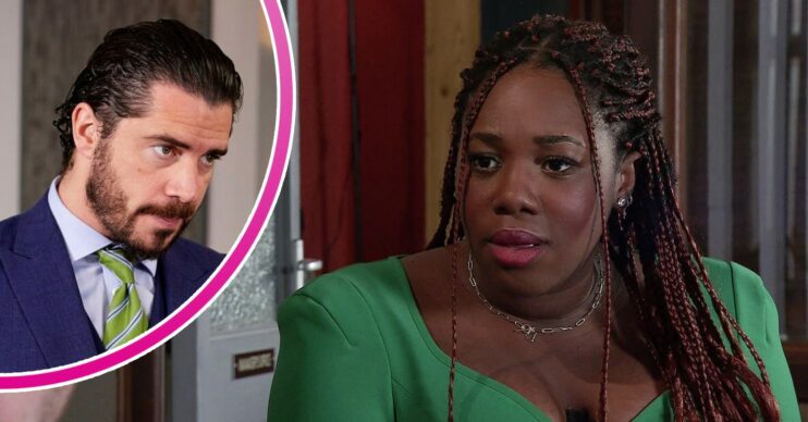 Dee-Dee looks worried on Corrie; inset, Adam looking shady (Credit: ITV/Composite: ED!)