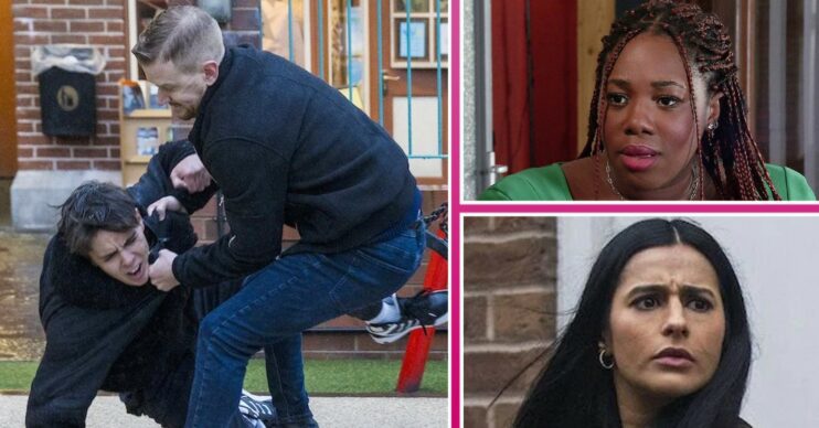 Composite image of Gary attacking Mason on Corrie; inset, Dee-Dee and Alya look shocked (Credit: ITV/Composite: ED!)