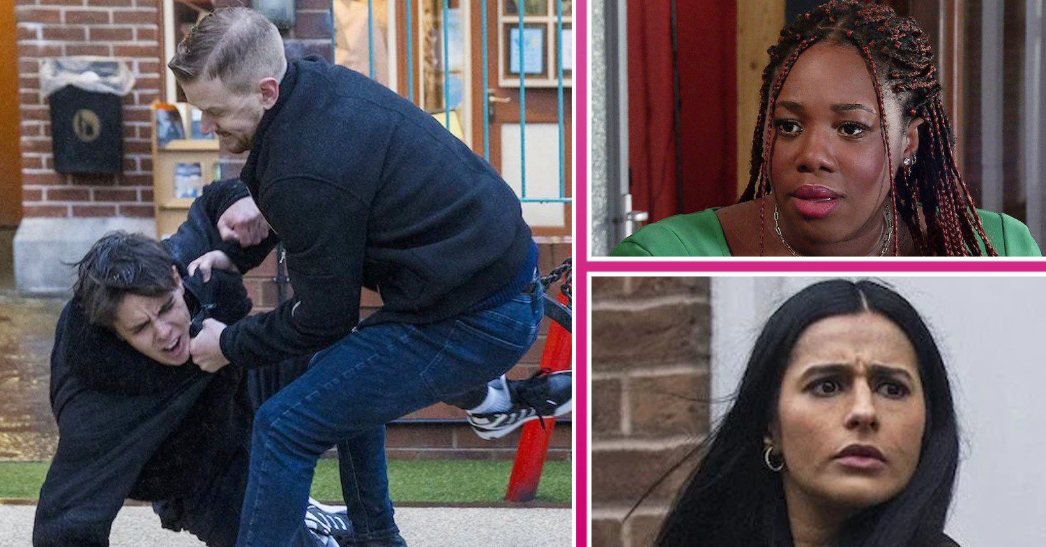 Composite image of Gary attacking Mason on Corrie; inset, Dee-Dee and Alya look shocked (Credit: ITV/Composite: ED!)