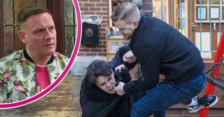 Gary attacks Mason on Corrie; inset, Sean looks shocked (Credit: ITV/Composite: ED!)
