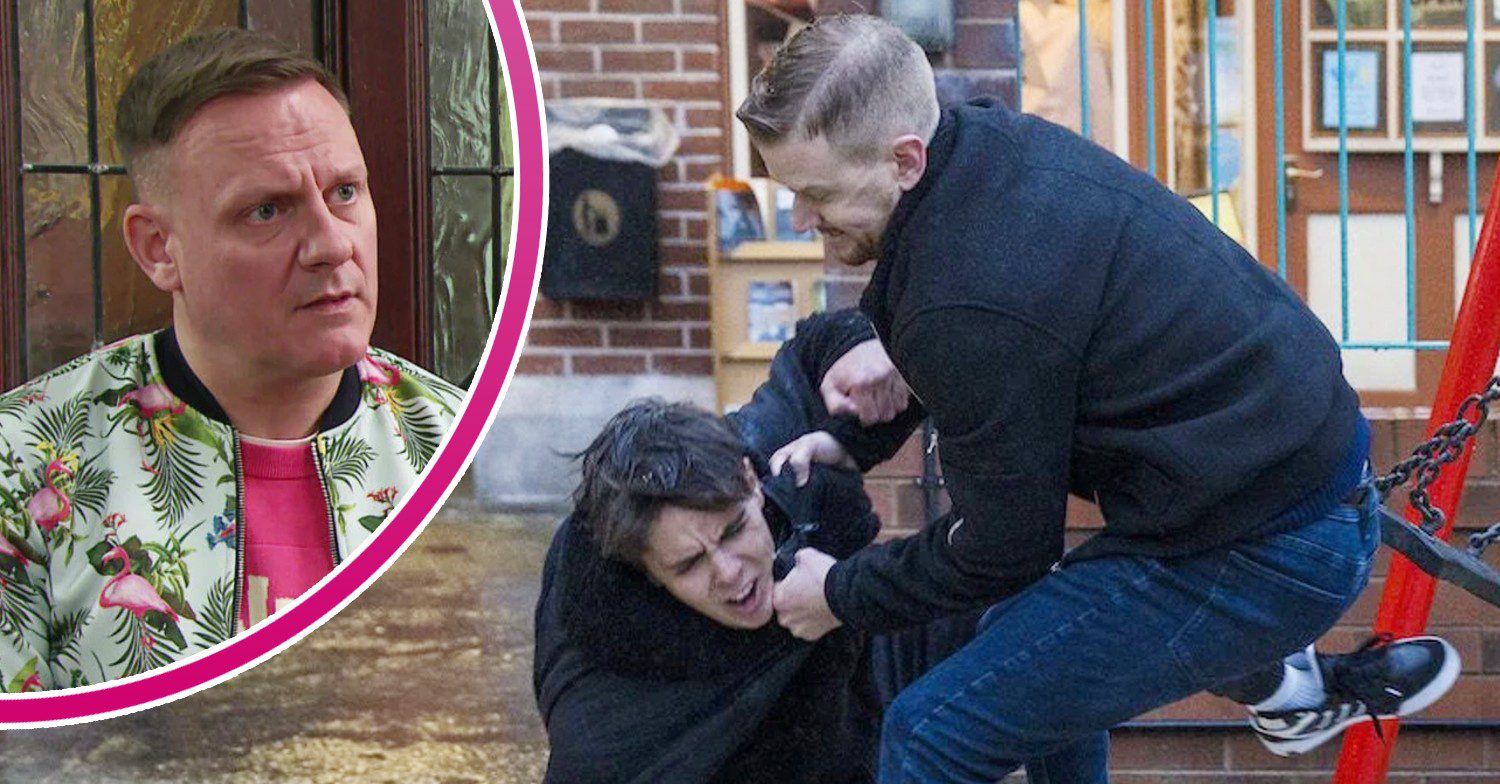Gary attacks Mason on Corrie; inset, Sean looks shocked (Credit: ITV/Composite: ED!)