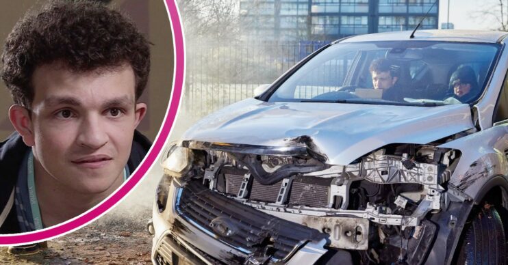 A crashed car on Corrie; inset, Simon looking worried (Credit: ITV/Composite: ED!)