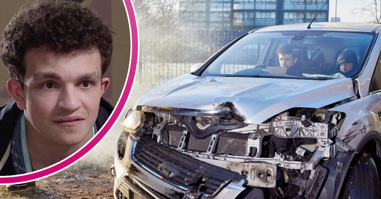 A crashed car on Corrie; inset, Simon looking worried (Credit: ITV/Composite: ED!)