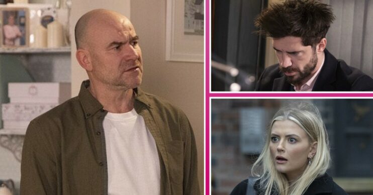 Composite image of Tim, Bethany and Adam on Coronation Street, all looking worried (Credit: ITV/Composite: ED!)