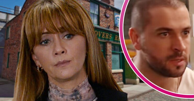 Coronation Street's Maria, the background of the Rovers, and in a bubble is Aidan