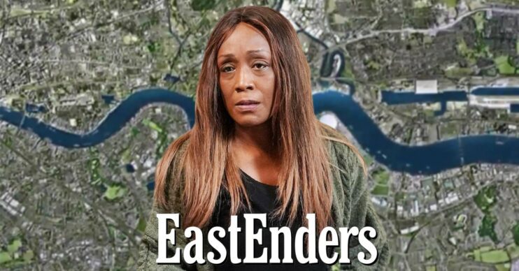 Denise looking stressed against EastEnders background and logo (Credit: BBC/Composite: ED!)
