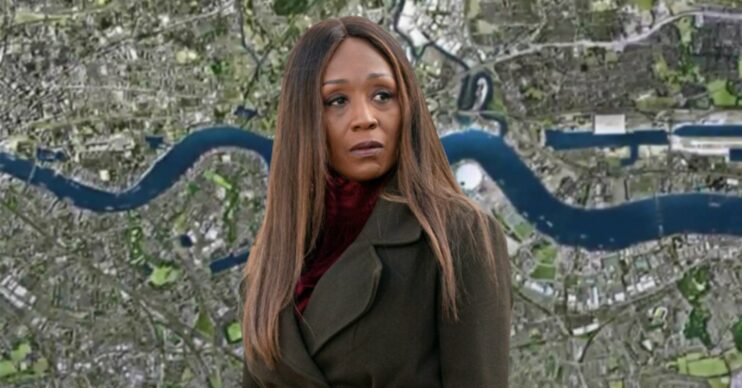 Denise Fox on an EastEnders background
