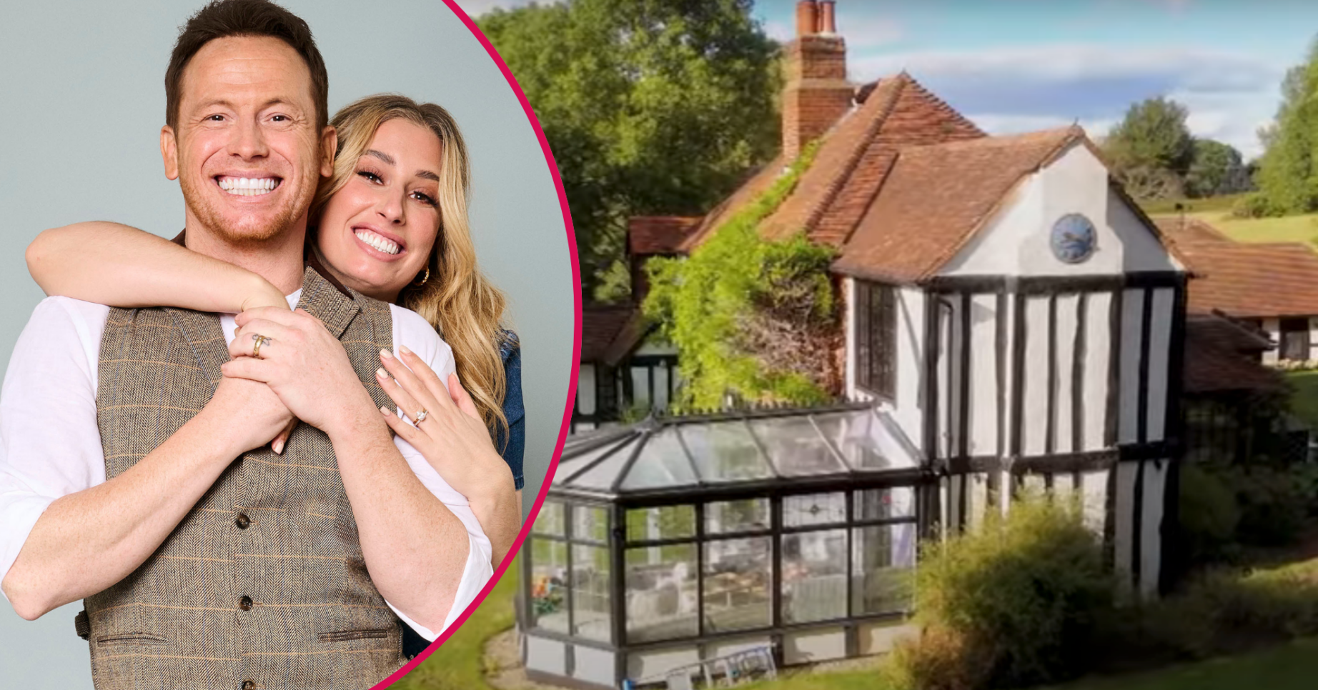 Stacey Solomon and Joe Swash smiling and their Pickle Cottage home main