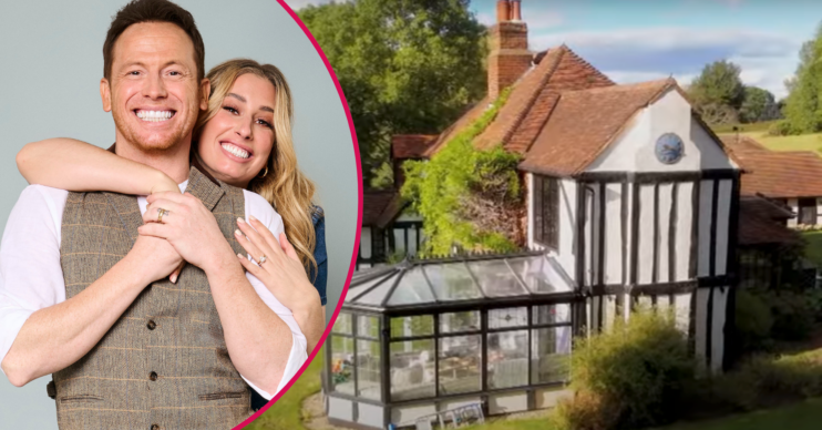 Stacey Solomon and Joe Swash smiling and their Pickle Cottage home main