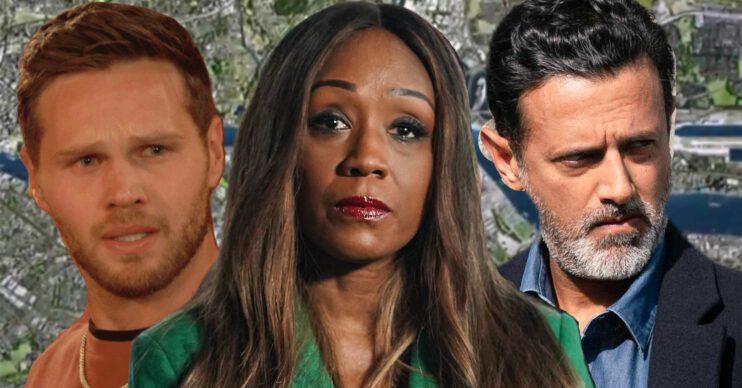EastEnders' Keanu, Denise, Nish, the background of the Thames