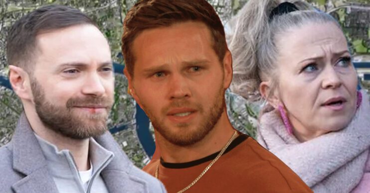 EastEnders' Dean, Keanu, Linda, the background of the Thames