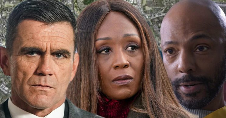 EastEnders' Jack, Denise, Lucas, the background of the Thames
