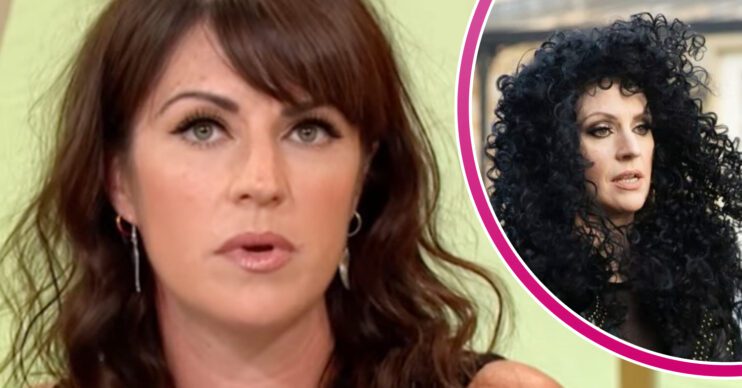 Emmerdale's Laura Norton, and in a bubble is Kerry Wyatt in a black, curly wig