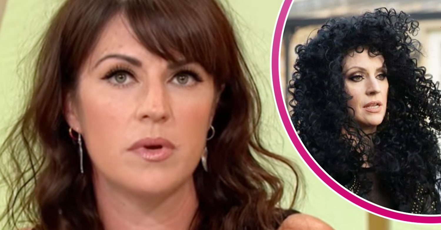 Emmerdale's Laura Norton, and in a bubble is Kerry Wyatt in a black, curly wig