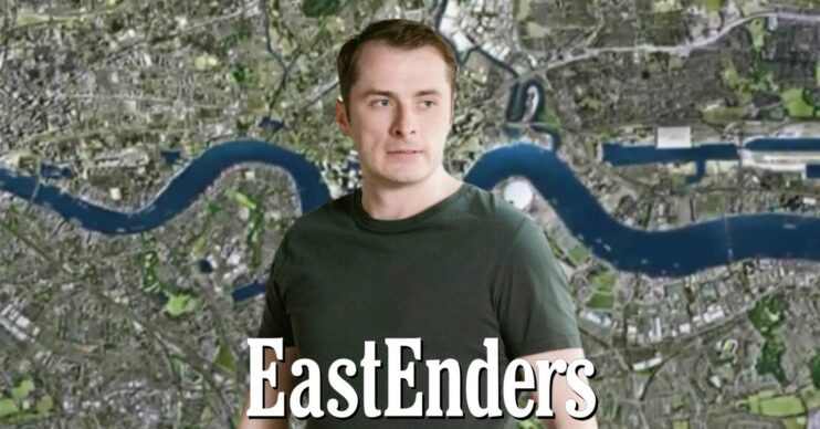 Ben looking serious on EastEnders against Walford background and logo (Credit: BBC/Composite: ED!)