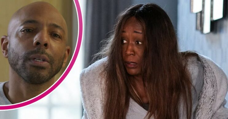 Denise looks terrified on EastEnders; inset, Lucas (Credit: BBC/Composite: ED)!