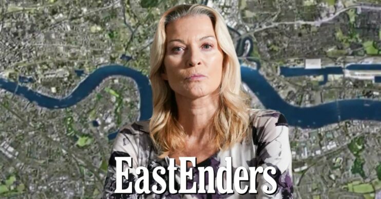 Kathy looking calculating on EastEnders against soap logo and background (Credit: BBC/Composite: ED!)