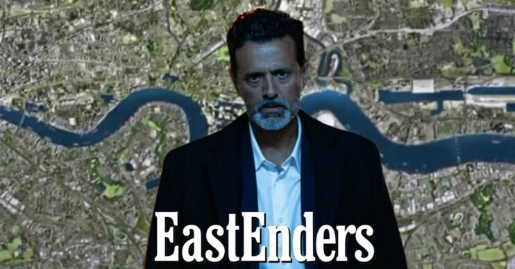 Nish looking sinister on EastEnders; Walford background and logo (Credit: BBC/Composite: ED!)