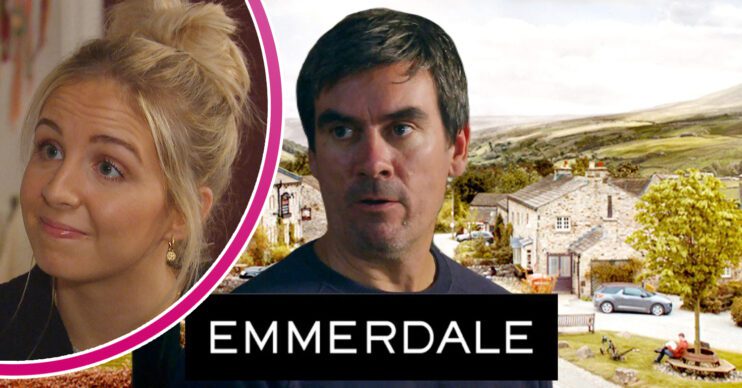 Emmerdale's Cain, the Emmerdale logo, the background of the Dales, in a bubble -Belle