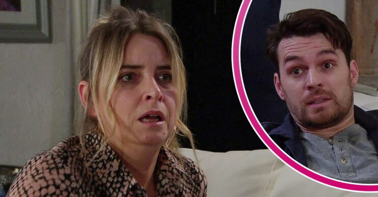 Charity looking shocked on Coronation Street; inset, Mack looks scared (Credit: ITV/Composite: ED!)
