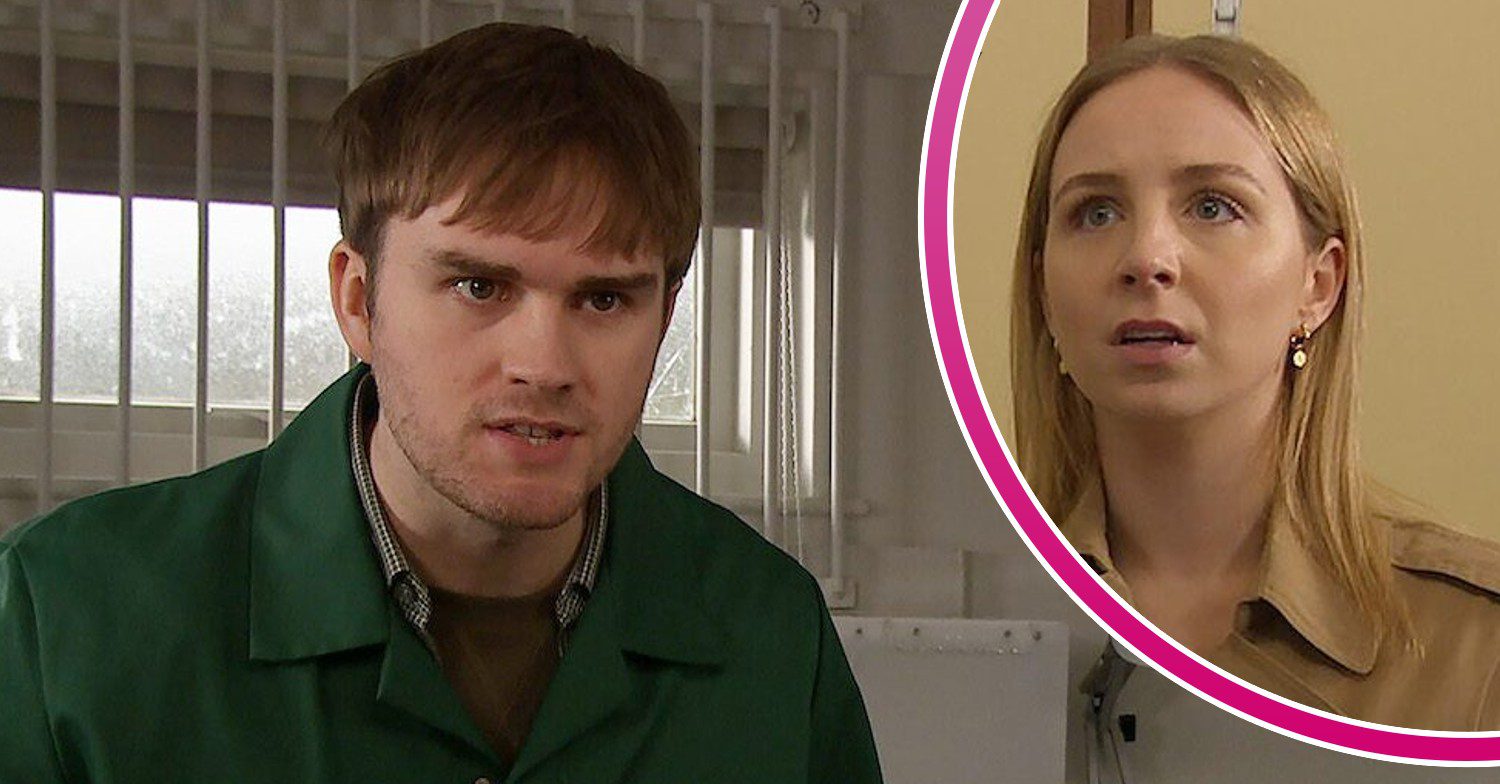 Tom looks angry on Emmerdale; inset, Belle looks scared (Credit: ITV/Composite: ED!)