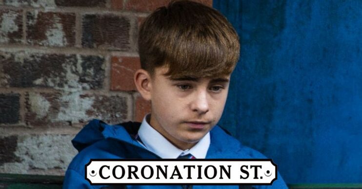 Coronation Street logo and an image of Liam Connor looks sad