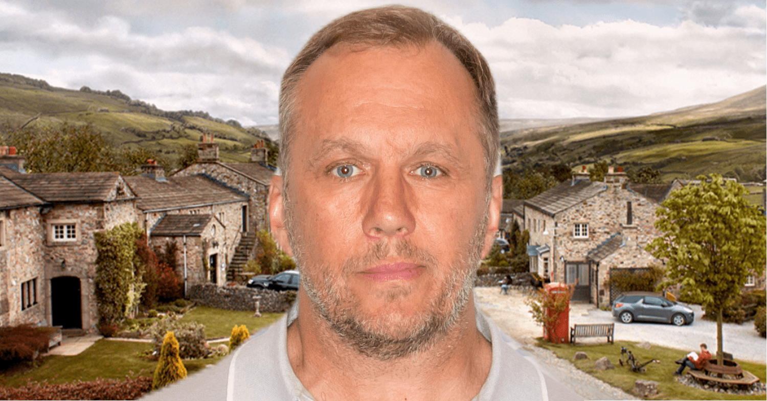 Dean Andrews on the Emmerdale background comp image (Credit: Shutterstock/ITV/Comp ED!)