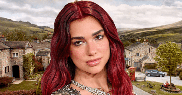 Dua Lipa on the Emmerdale background comp image (Credit: FV/Cover Images/Comp ED!)