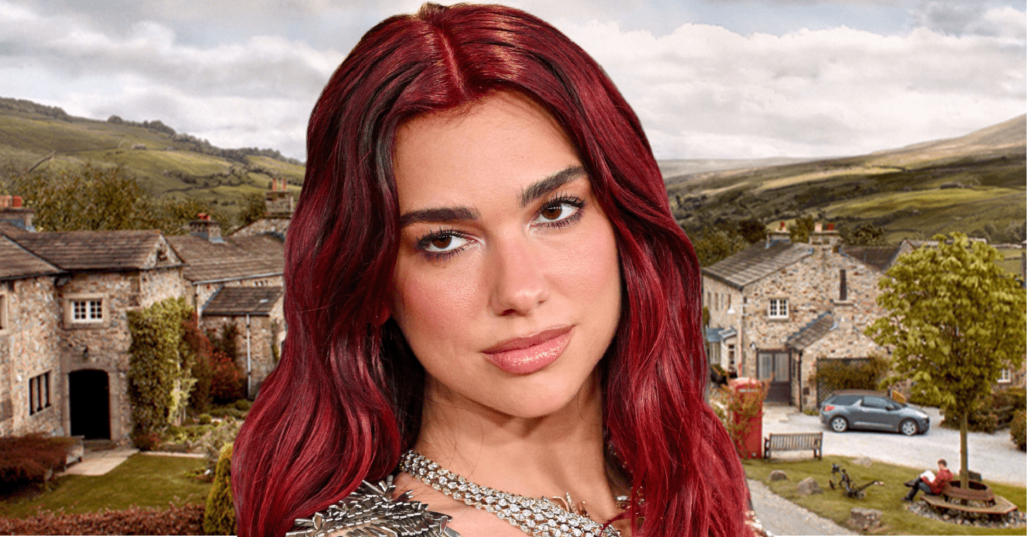 Dua Lipa on the Emmerdale background comp image (Credit: FV/Cover Images/Comp ED!)